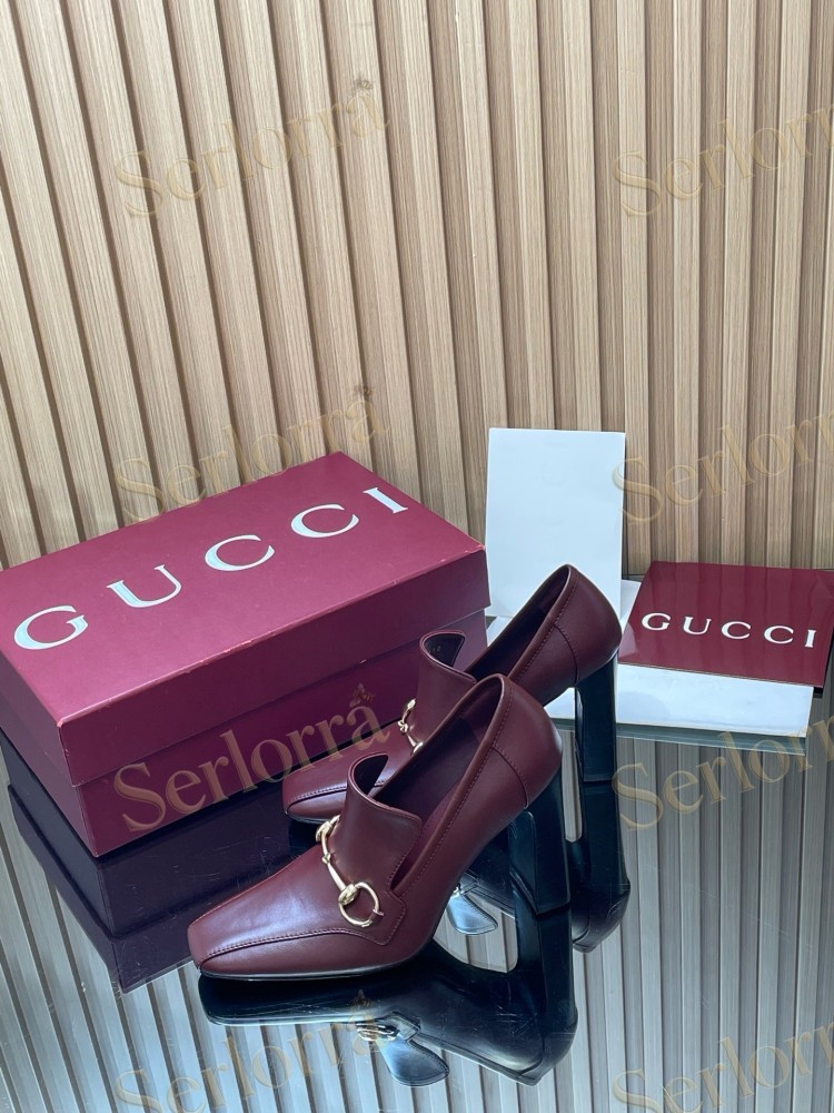 GUCCI HORSEBIT LEATHER SQUARE TOE BLOCK HEEL LOAFER PUMPS