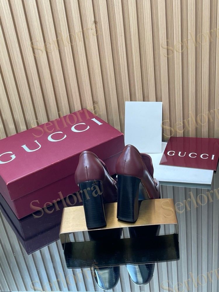 GUCCI HORSEBIT LEATHER SQUARE TOE BLOCK HEEL LOAFER PUMPS