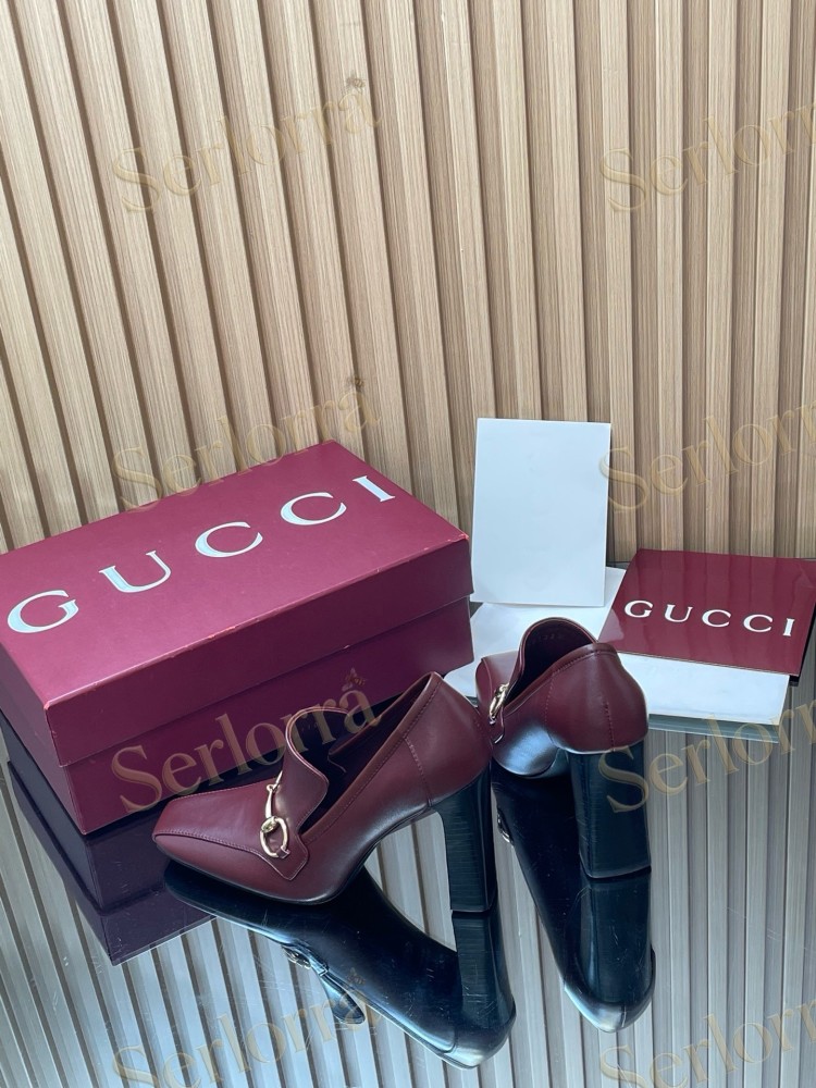 GUCCI HORSEBIT LEATHER SQUARE TOE BLOCK HEEL LOAFER PUMPS