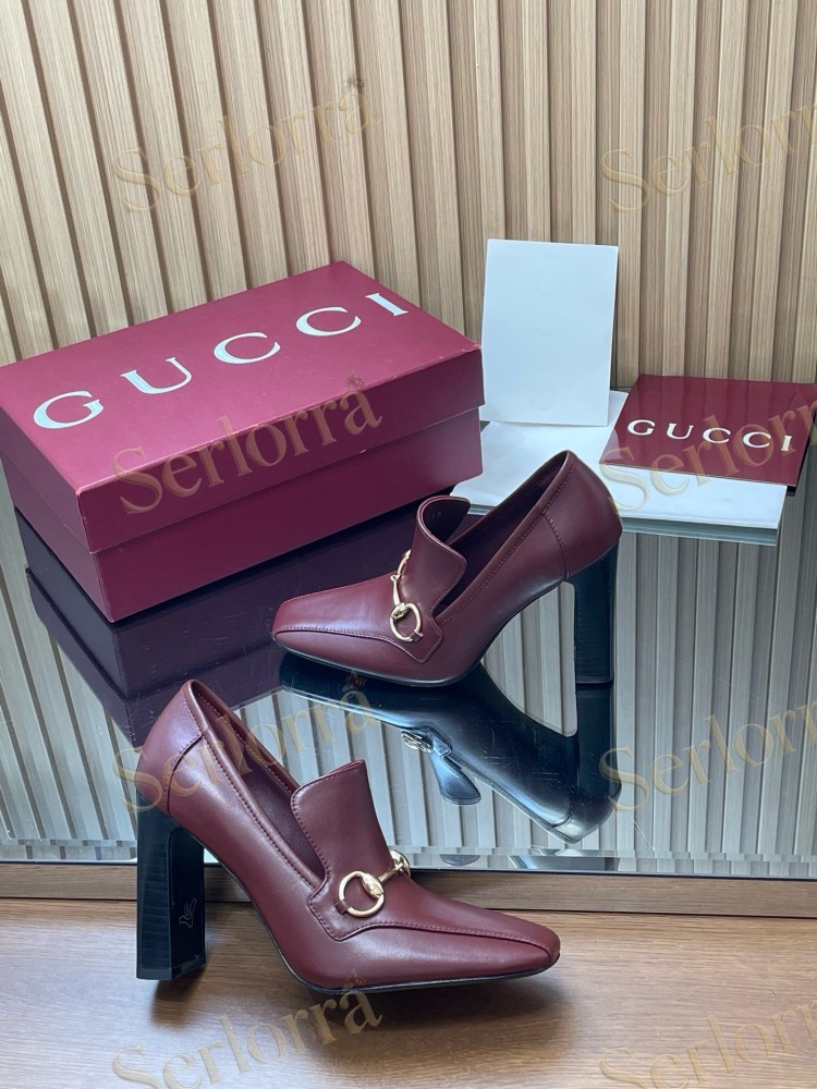 GUCCI HORSEBIT LEATHER SQUARE TOE BLOCK HEEL LOAFER PUMPS