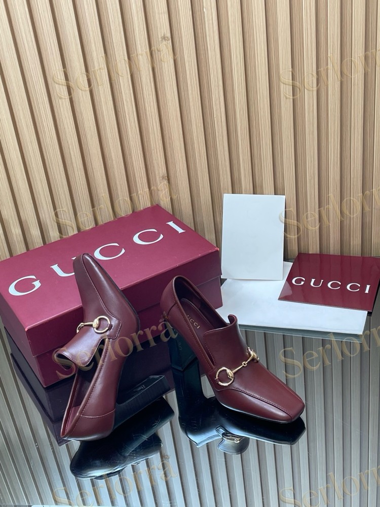 GUCCI HORSEBIT LEATHER SQUARE TOE BLOCK HEEL LOAFER PUMPS