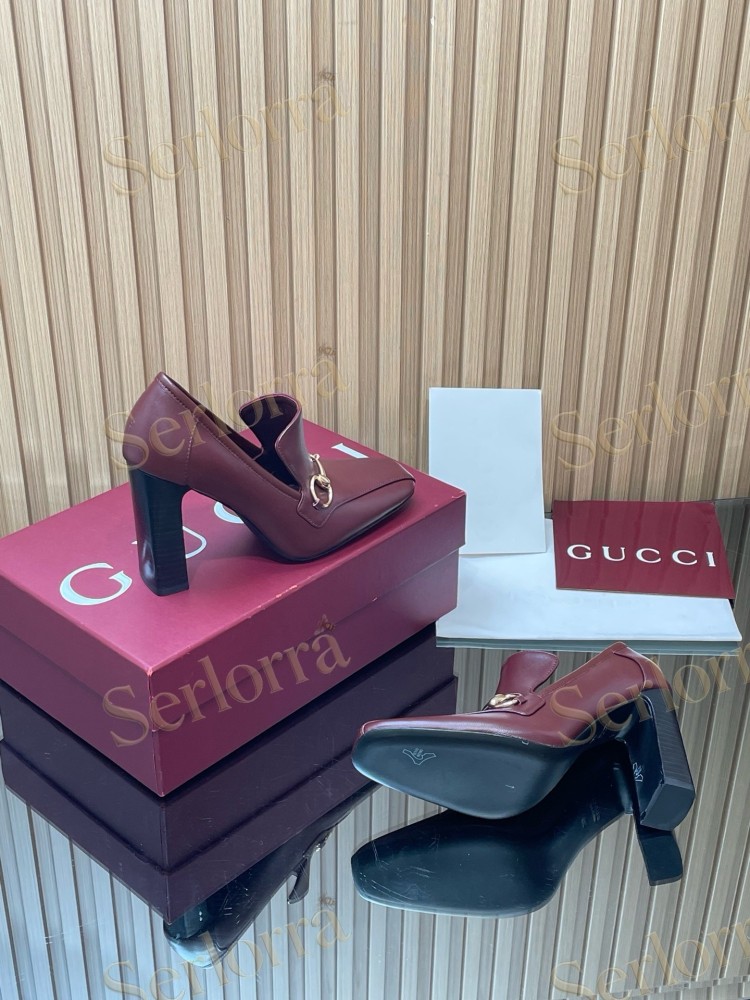GUCCI HORSEBIT LEATHER SQUARE TOE BLOCK HEEL LOAFER PUMPS