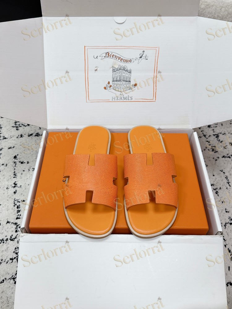 HERMÈS BLACK LIZARD-EMBOSSED LEATHER IZMIR MEN'S SLIDE SANDAL