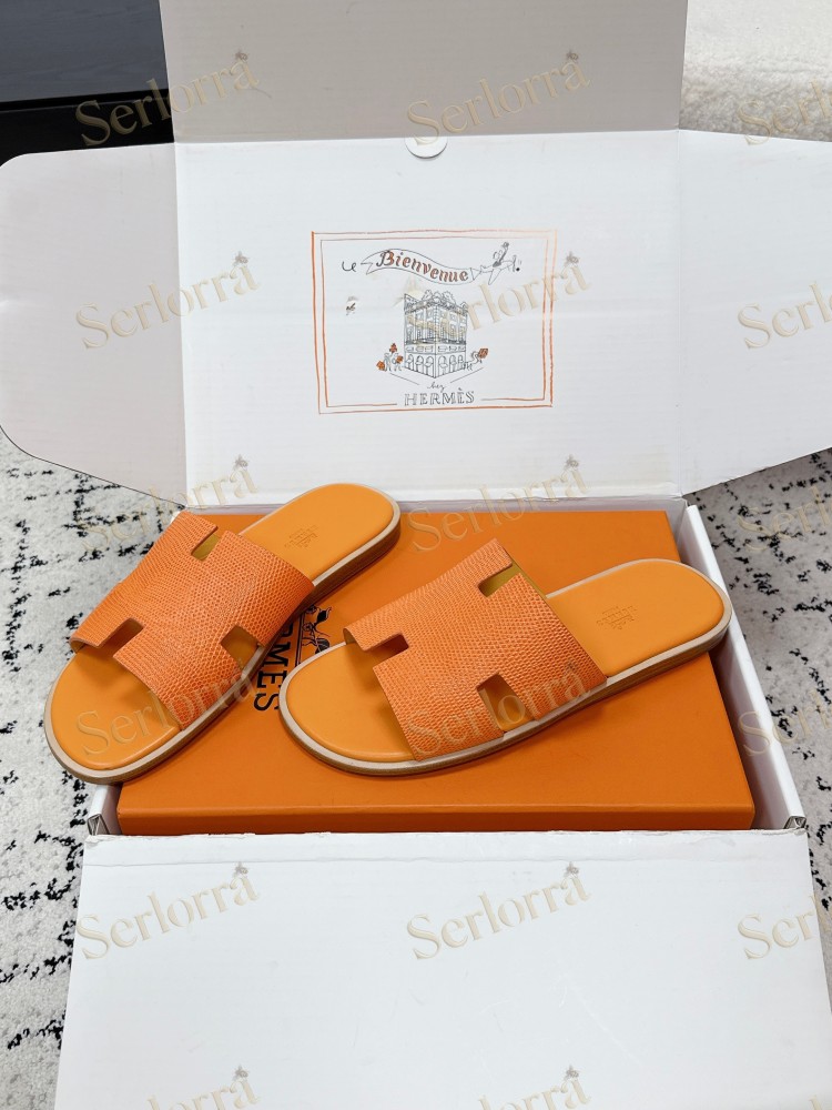 HERMÈS BLACK LIZARD-EMBOSSED LEATHER IZMIR MEN'S SLIDE SANDAL