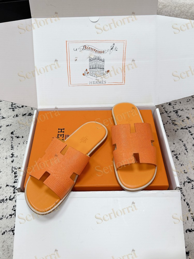 HERMÈS BLACK LIZARD-EMBOSSED LEATHER IZMIR MEN'S SLIDE SANDAL