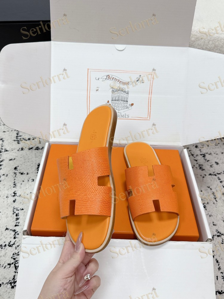 HERMÈS BLACK LIZARD-EMBOSSED LEATHER IZMIR MEN'S SLIDE SANDAL