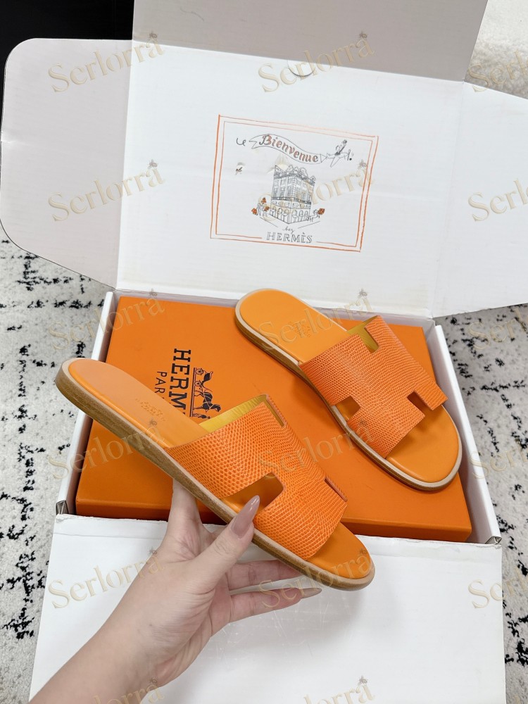 HERMÈS BLACK LIZARD-EMBOSSED LEATHER IZMIR MEN'S SLIDE SANDAL