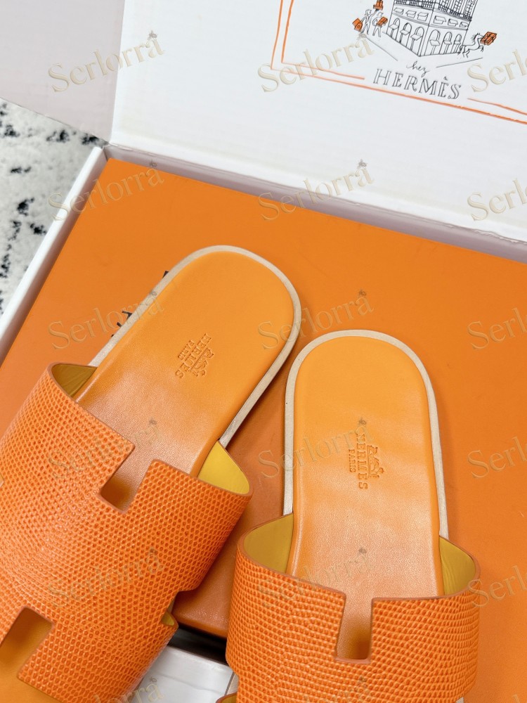 HERMÈS BLACK LIZARD-EMBOSSED LEATHER IZMIR MEN'S SLIDE SANDAL
