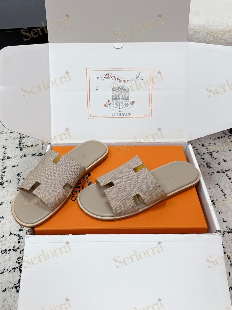 HERMÈS BLACK LIZARD-EMBOSSED LEATHER IZMIR MEN'S SLIDE SANDAL