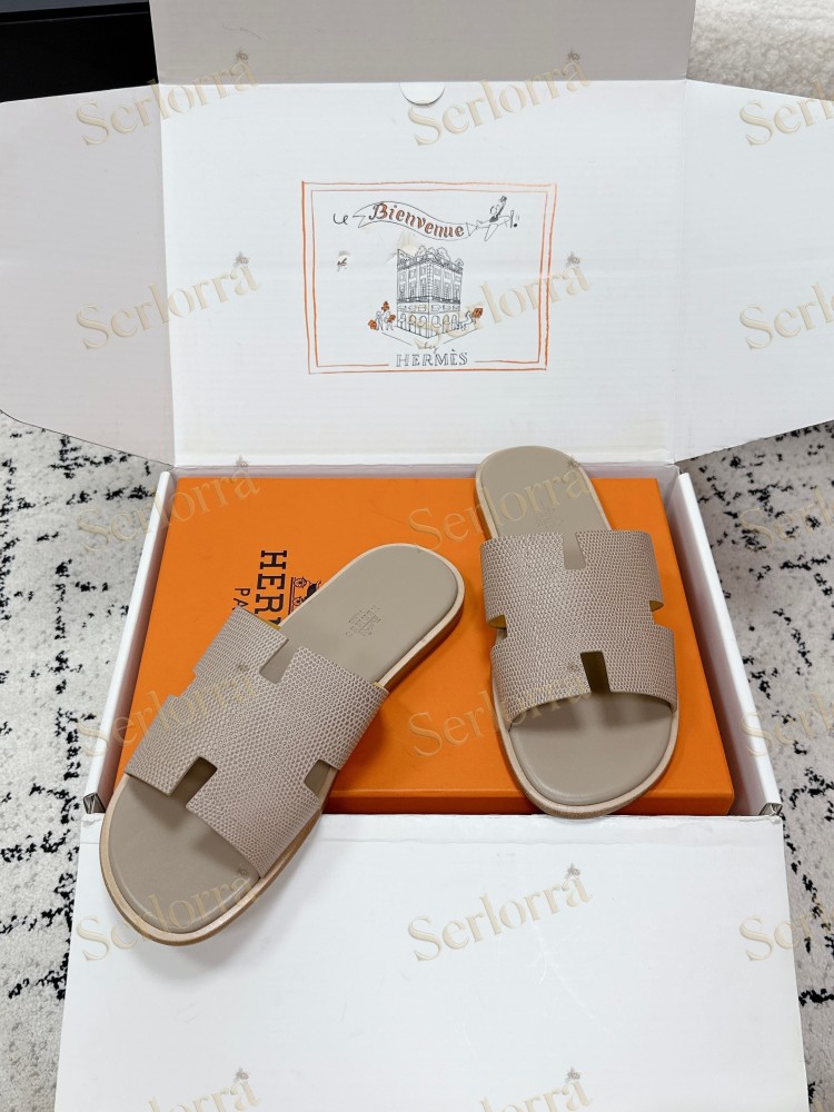 HERMÈS BLACK LIZARD-EMBOSSED LEATHER IZMIR MEN'S SLIDE SANDAL