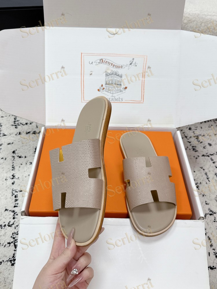 HERMÈS BLACK LIZARD-EMBOSSED LEATHER IZMIR MEN'S SLIDE SANDAL