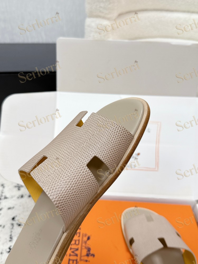 HERMÈS BLACK LIZARD-EMBOSSED LEATHER IZMIR MEN'S SLIDE SANDAL