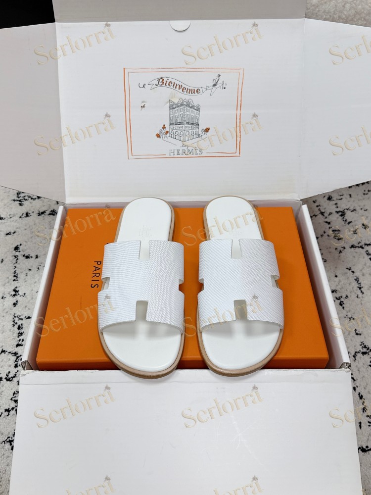 HERMÈS BLACK LIZARD-EMBOSSED LEATHER IZMIR MEN'S SLIDE SANDAL