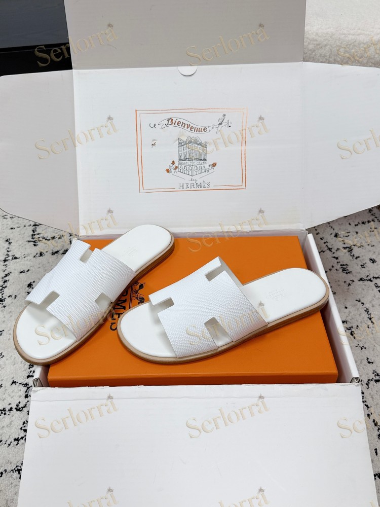HERMÈS BLACK LIZARD-EMBOSSED LEATHER IZMIR MEN'S SLIDE SANDAL