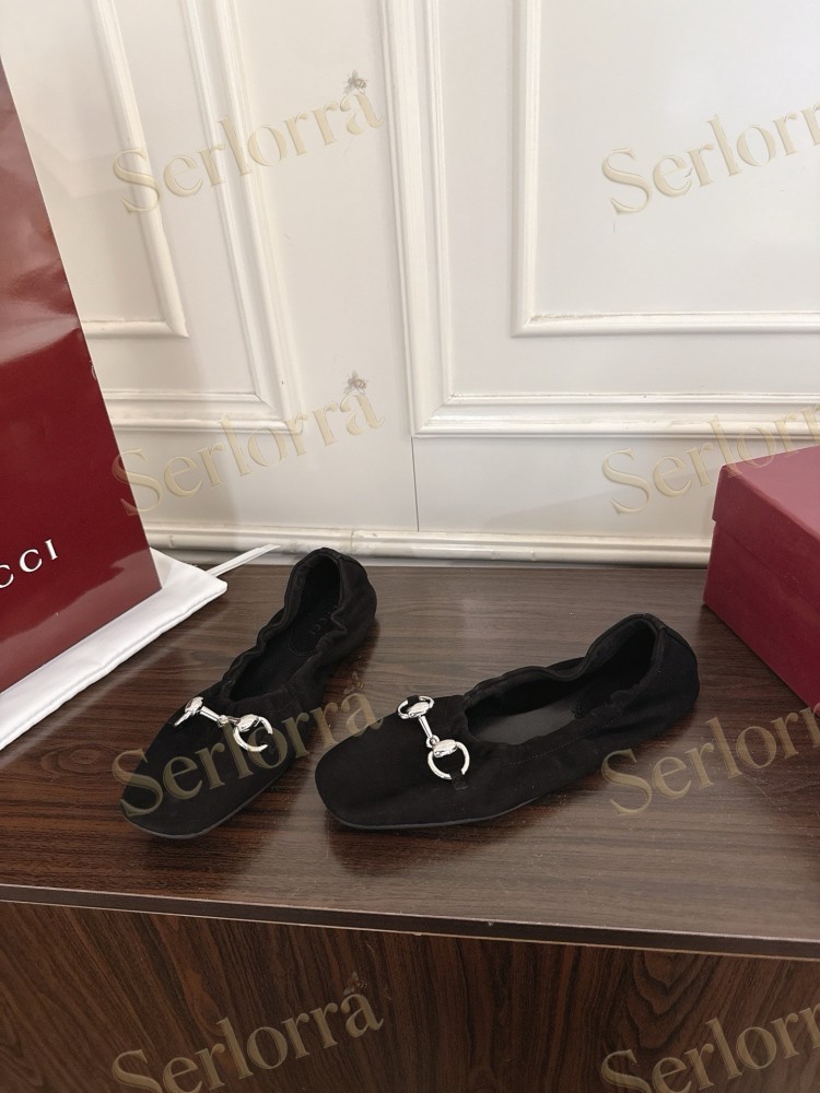 GUCCI HORSEBIT SUEDE RUCHED BALLET FLATS