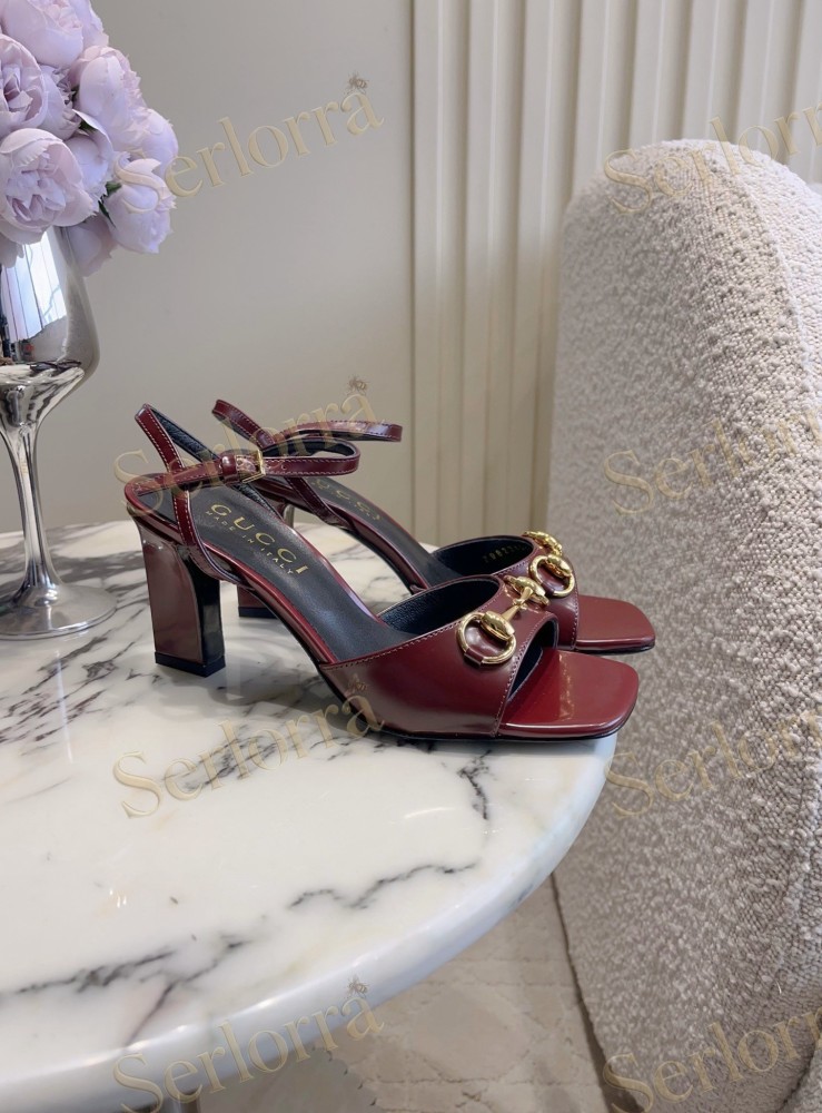 GUCCI HORSEBIT LEATHER SQUARE TOE ANKLE STRAP STILETTO SANDALS