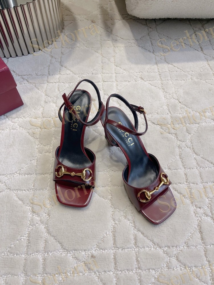 GUCCI HORSEBIT LEATHER SQUARE TOE ANKLE STRAP STILETTO SANDALS