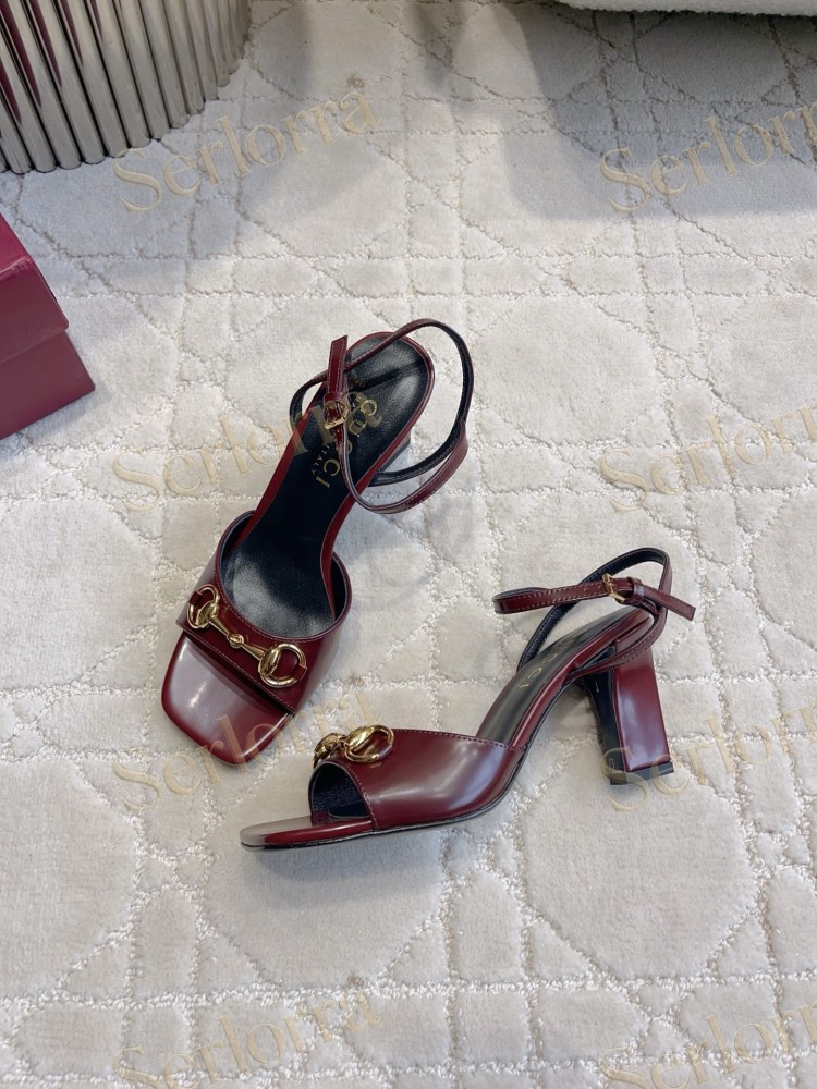 GUCCI HORSEBIT LEATHER SQUARE TOE ANKLE STRAP STILETTO SANDALS