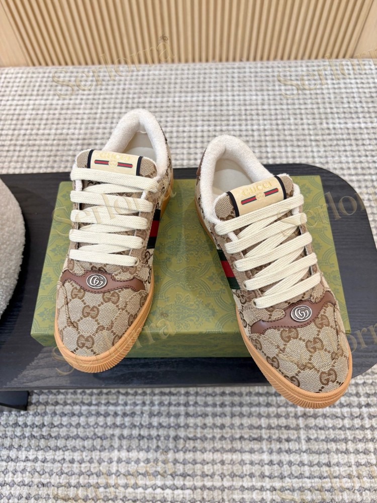 GUCCI DOUBLE G GG CANVAS LEATHER LOW TOP SNEAKERS