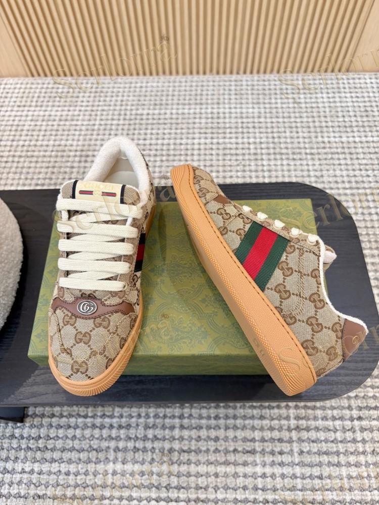 GUCCI DOUBLE G GG CANVAS LEATHER LOW TOP SNEAKERS