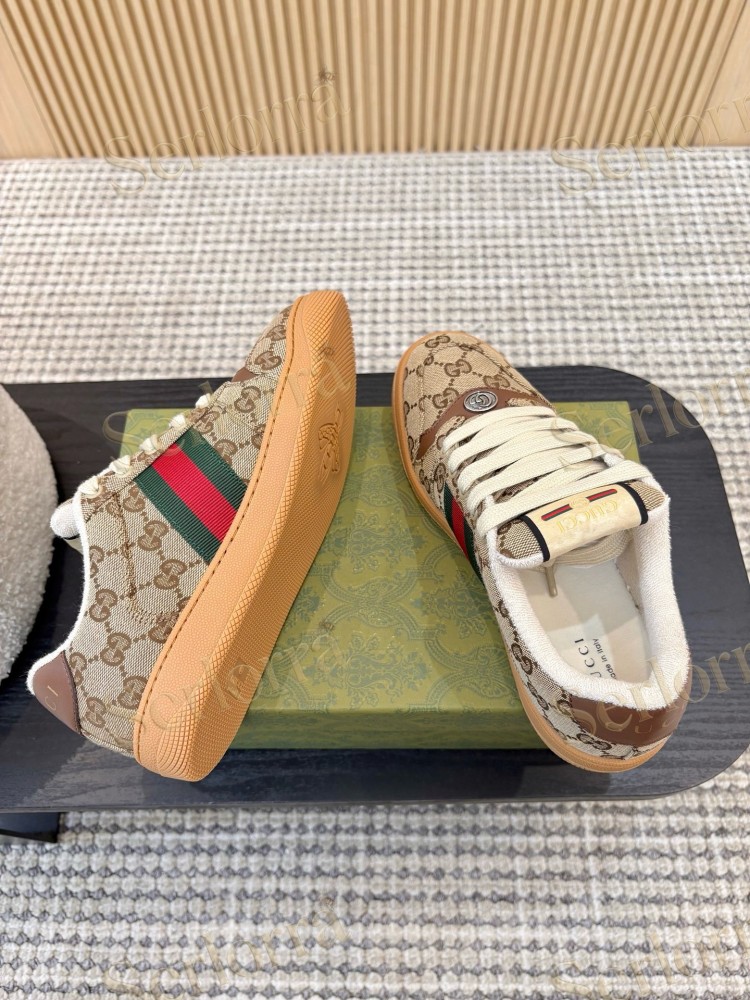 GUCCI DOUBLE G GG CANVAS LEATHER LOW TOP SNEAKERS