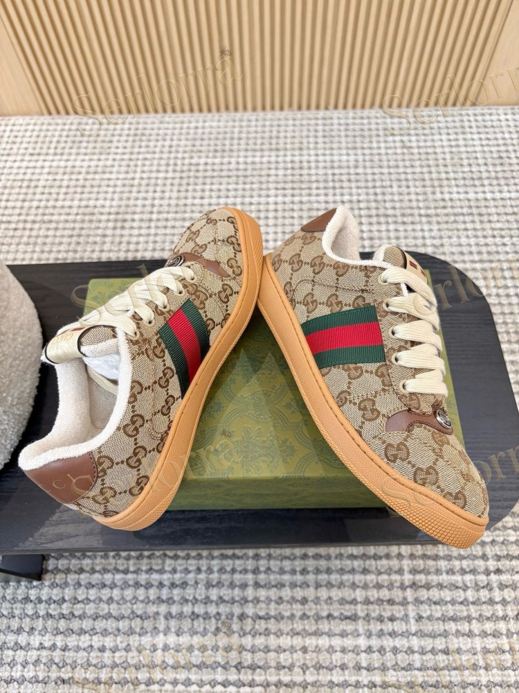 GUCCI DOUBLE G GG CANVAS LEATHER LOW TOP SNEAKERS