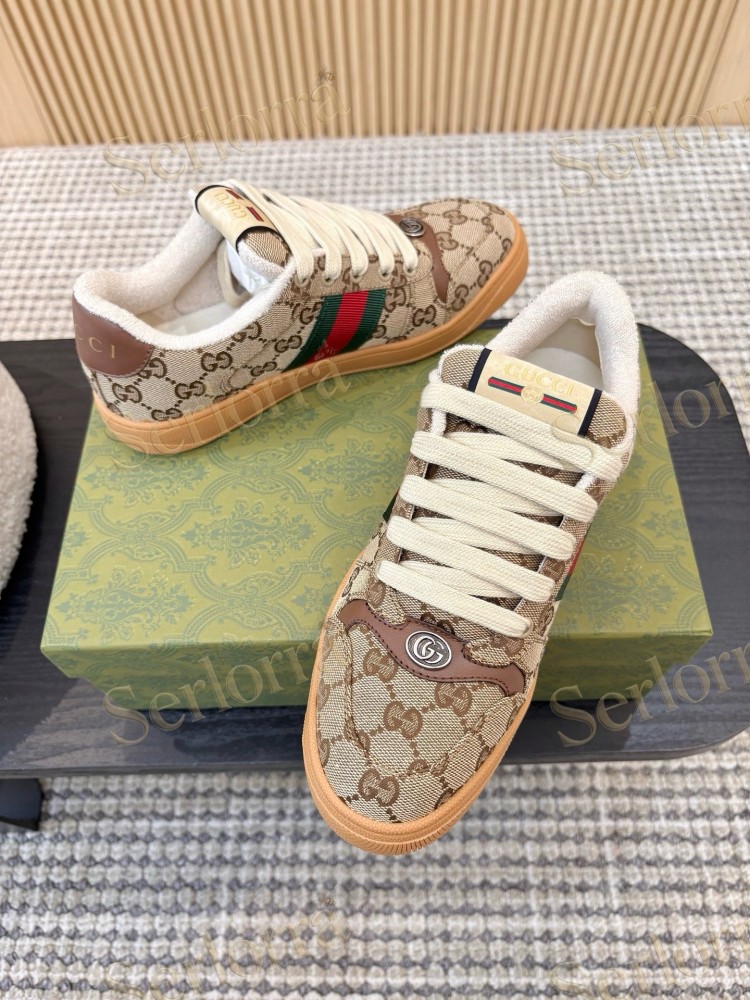 GUCCI DOUBLE G GG CANVAS LEATHER LOW TOP SNEAKERS