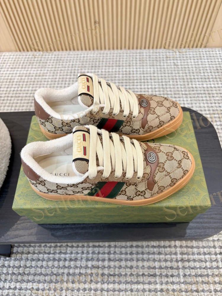 GUCCI DOUBLE G GG CANVAS LEATHER LOW TOP SNEAKERS