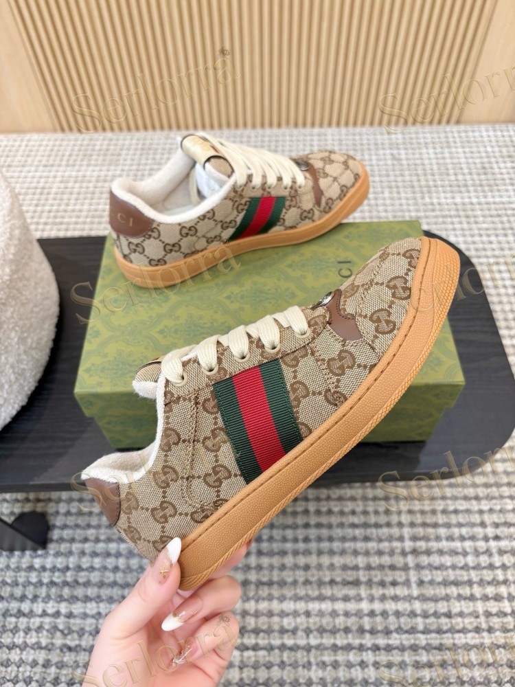 GUCCI DOUBLE G GG CANVAS LEATHER LOW TOP SNEAKERS