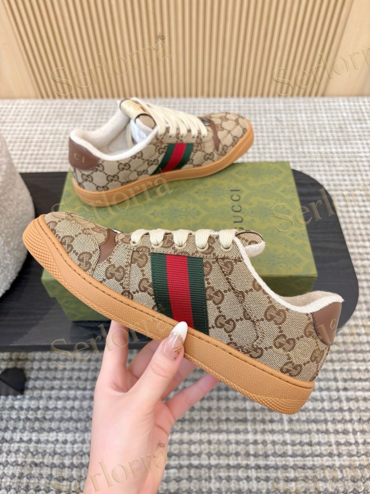 GUCCI DOUBLE G GG CANVAS LEATHER LOW TOP SNEAKERS