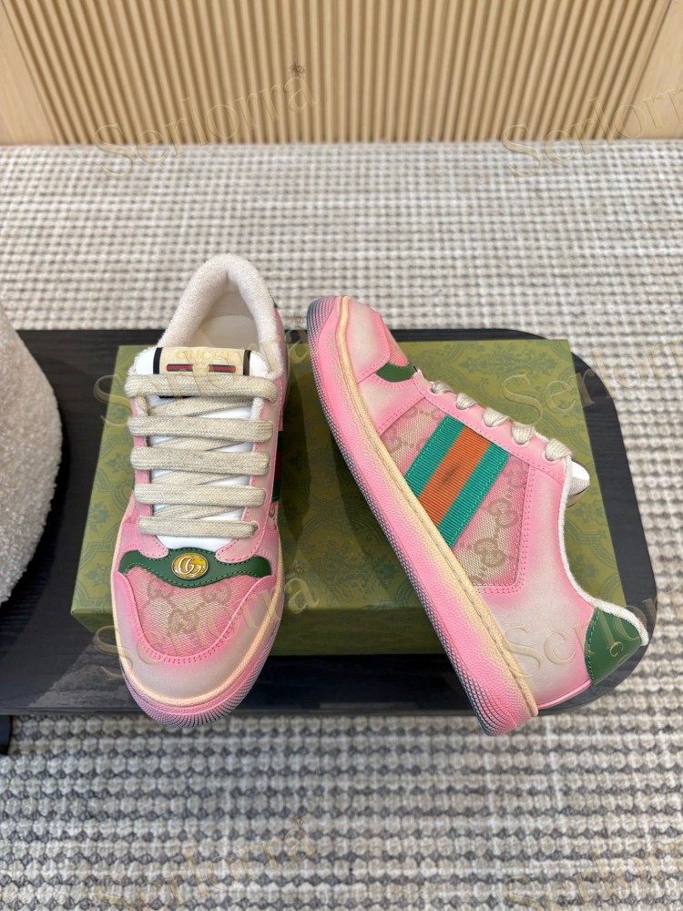 GUCCI DOUBLE G GG CANVAS LEATHER LOW TOP SNEAKERS