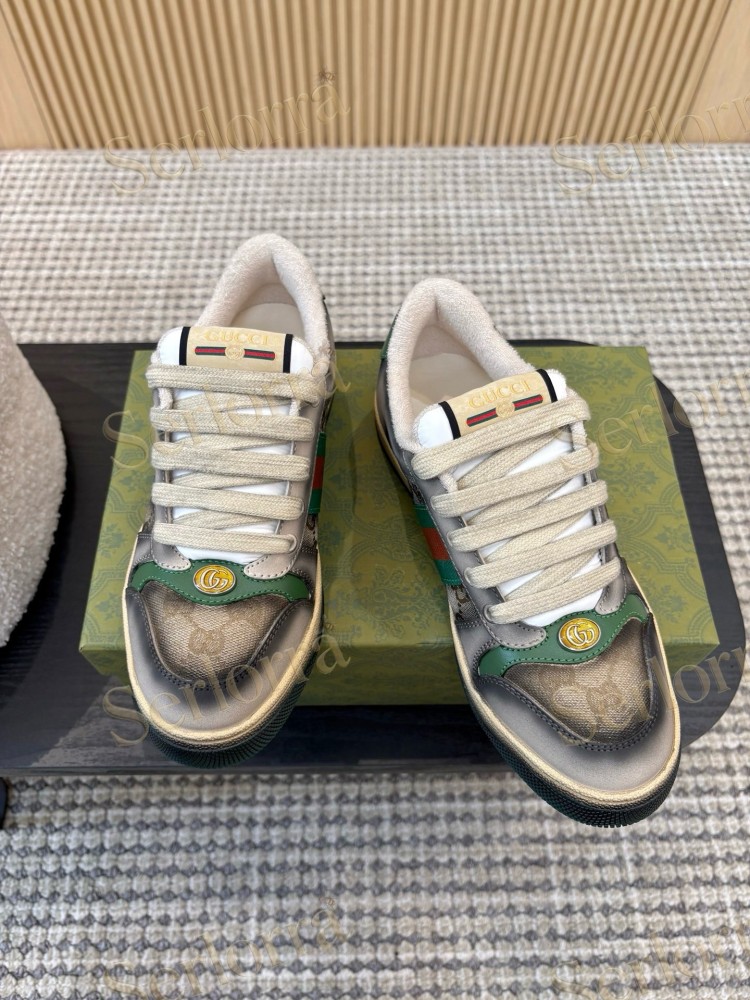 GUCCI DOUBLE G GG CANVAS LEATHER LOW TOP SNEAKERS