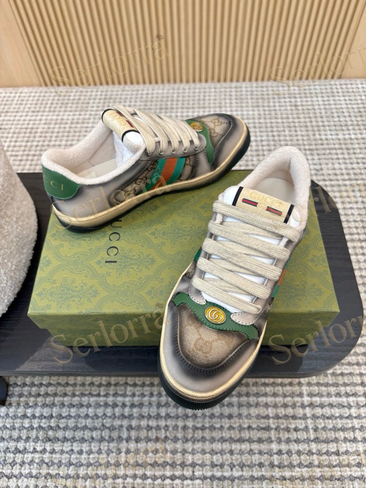 GUCCI DOUBLE G GG CANVAS LEATHER LOW TOP SNEAKERS