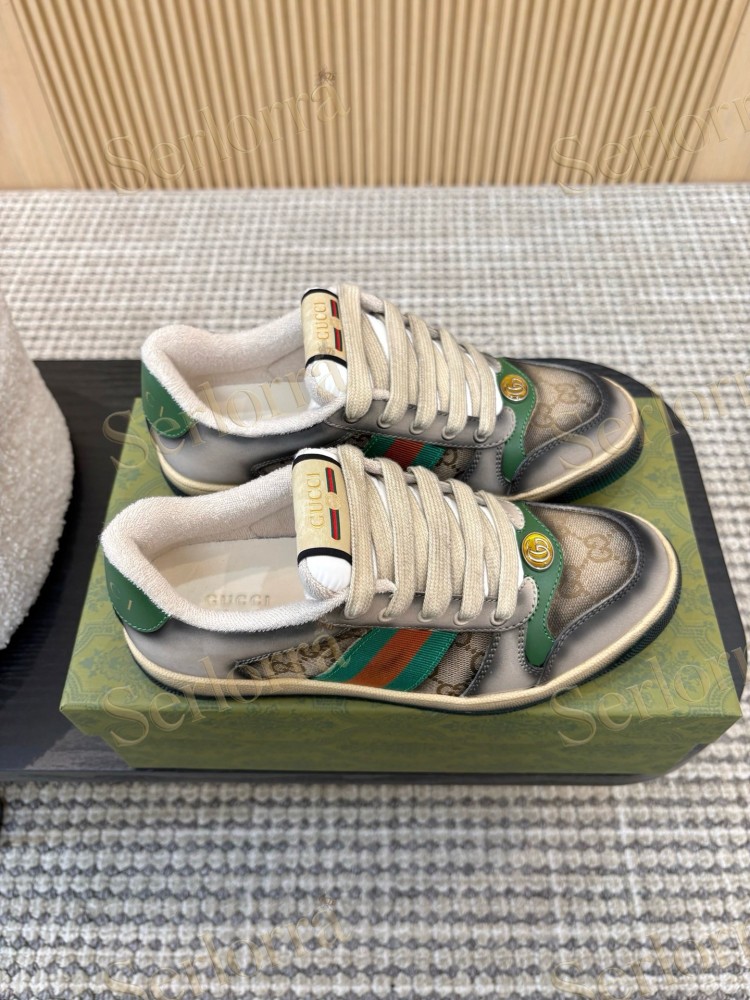 GUCCI DOUBLE G GG CANVAS LEATHER LOW TOP SNEAKERS