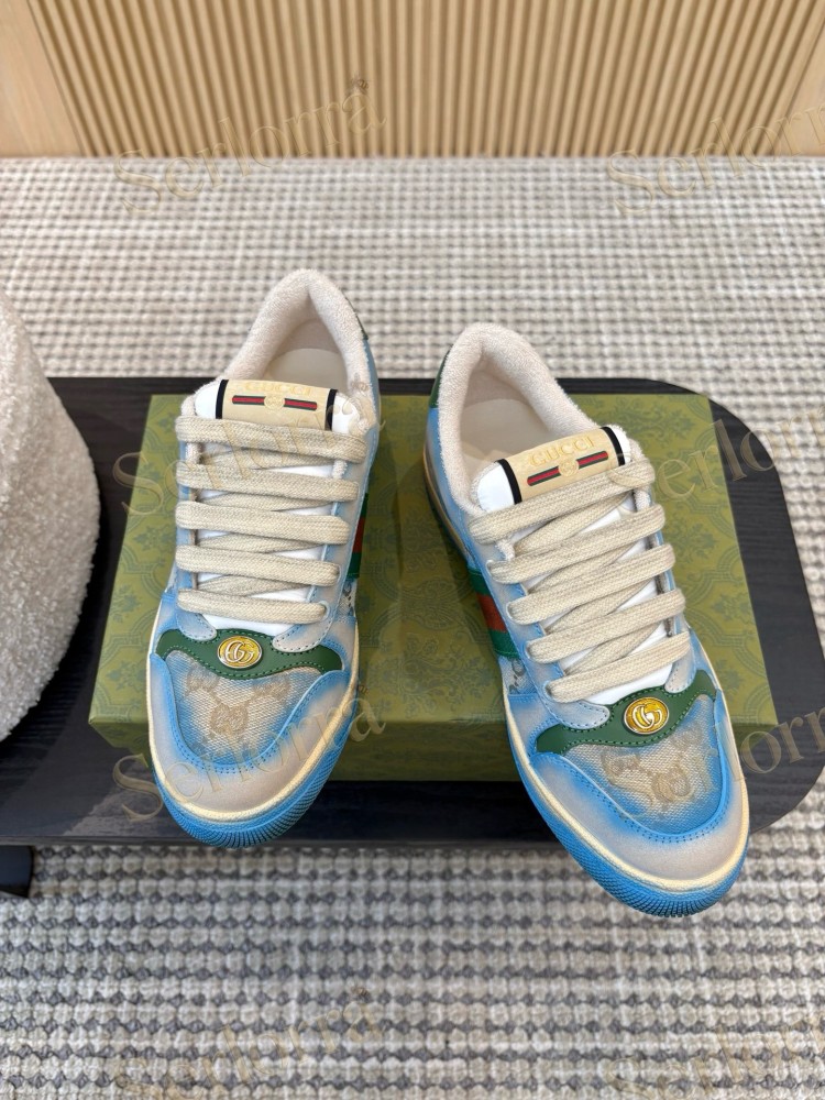 GUCCI DOUBLE G GG CANVAS LEATHER LOW TOP SNEAKERS