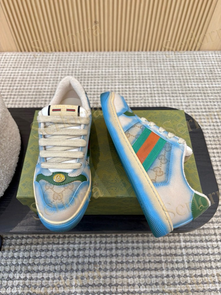 GUCCI DOUBLE G GG CANVAS LEATHER LOW TOP SNEAKERS