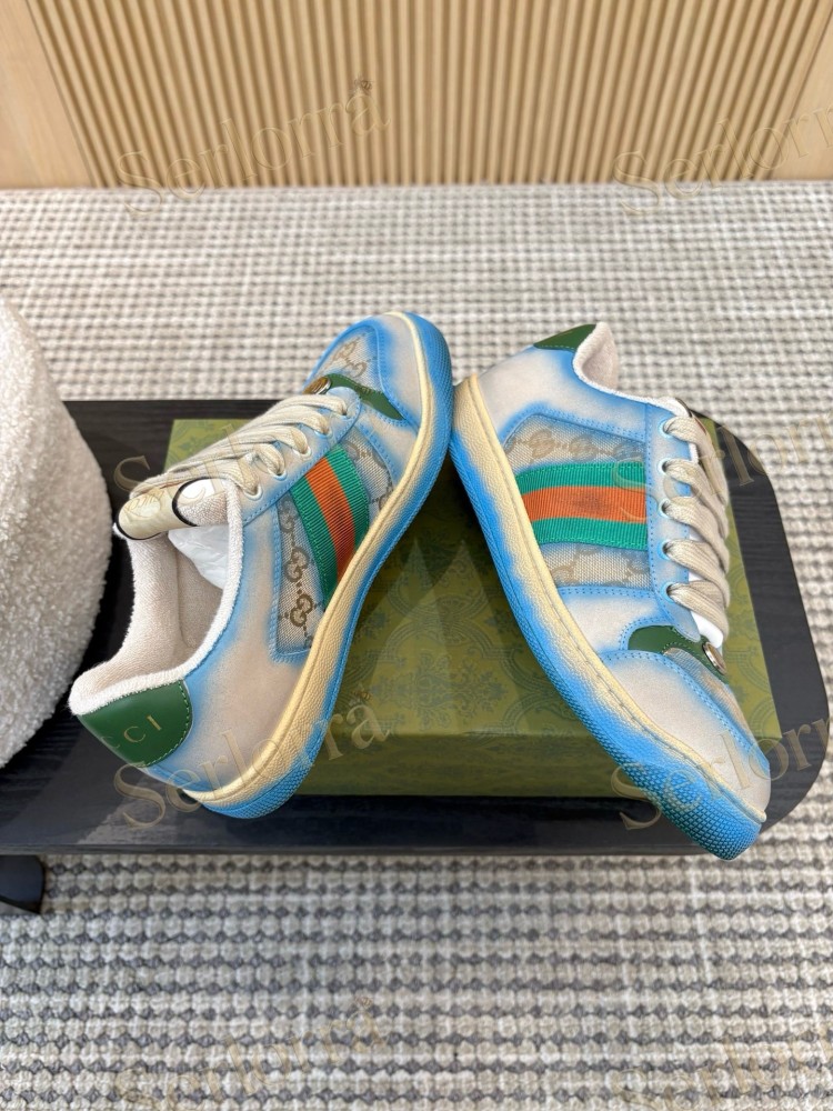 GUCCI DOUBLE G GG CANVAS LEATHER LOW TOP SNEAKERS