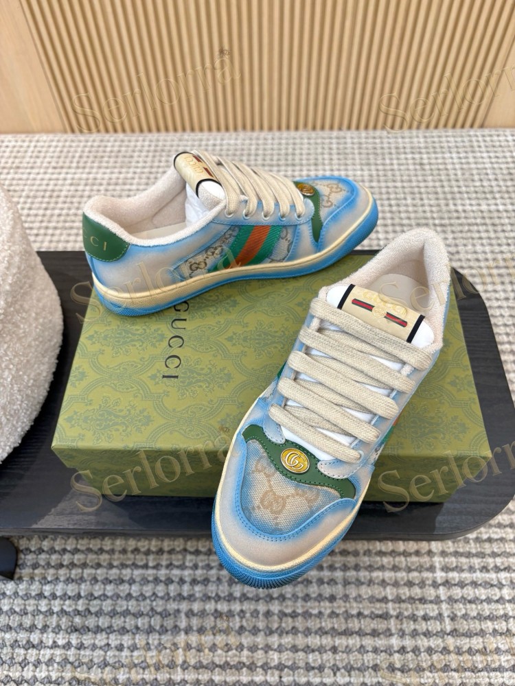 GUCCI DOUBLE G GG CANVAS LEATHER LOW TOP SNEAKERS