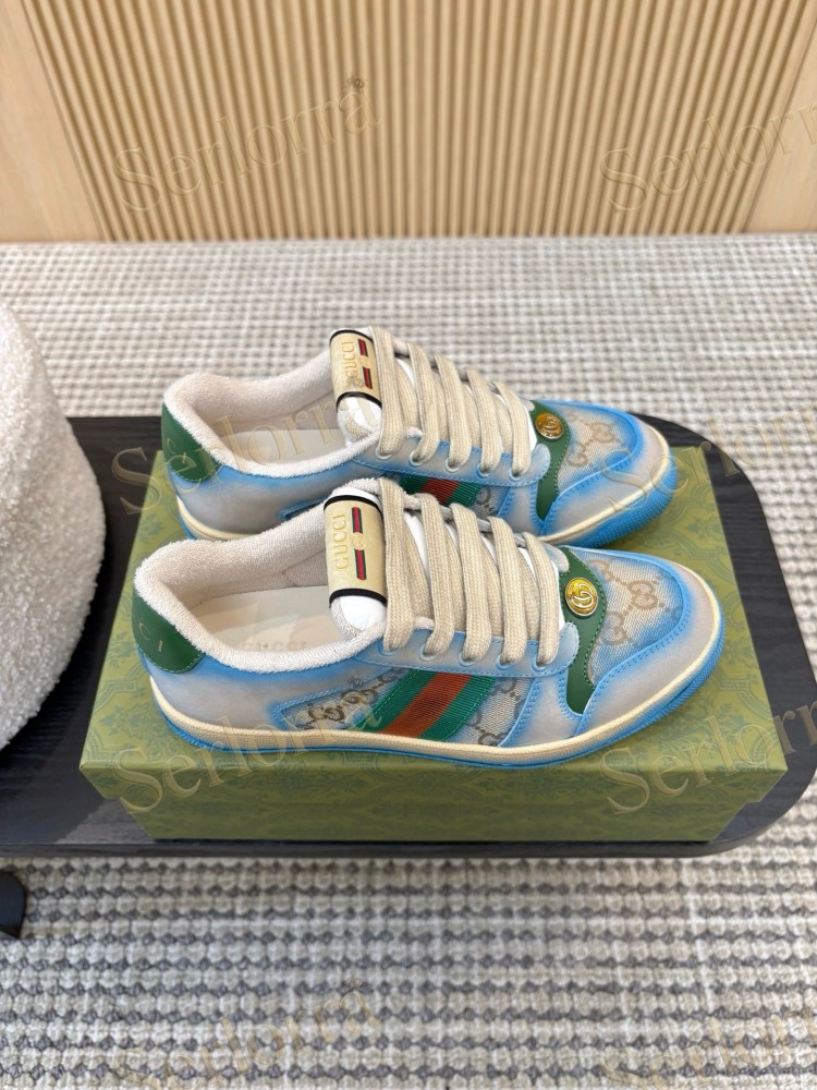 GUCCI DOUBLE G GG CANVAS LEATHER LOW TOP SNEAKERS