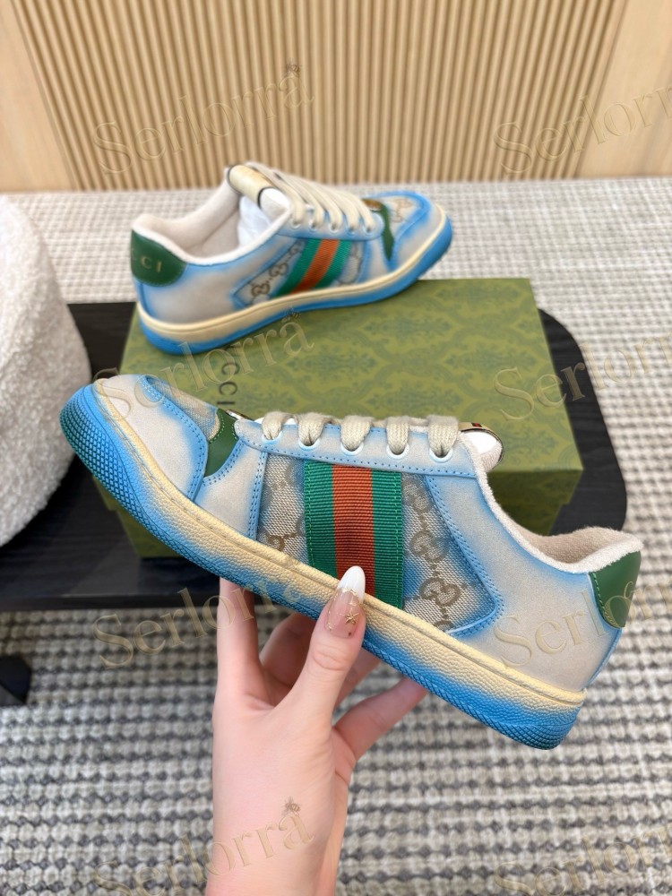 GUCCI DOUBLE G GG CANVAS LEATHER LOW TOP SNEAKERS