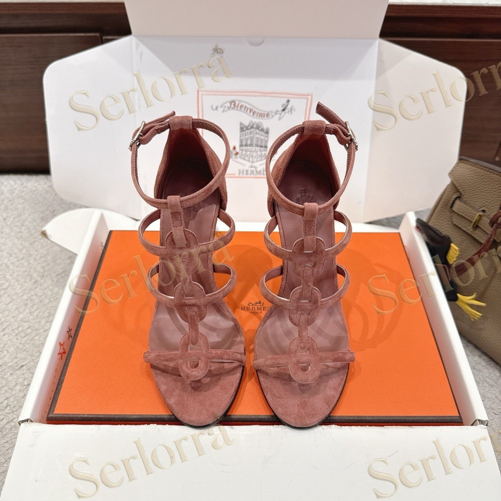 HERMÈS FUCHSIA SUEDE STRAPPY HIGH‑HEEL SANDALS
