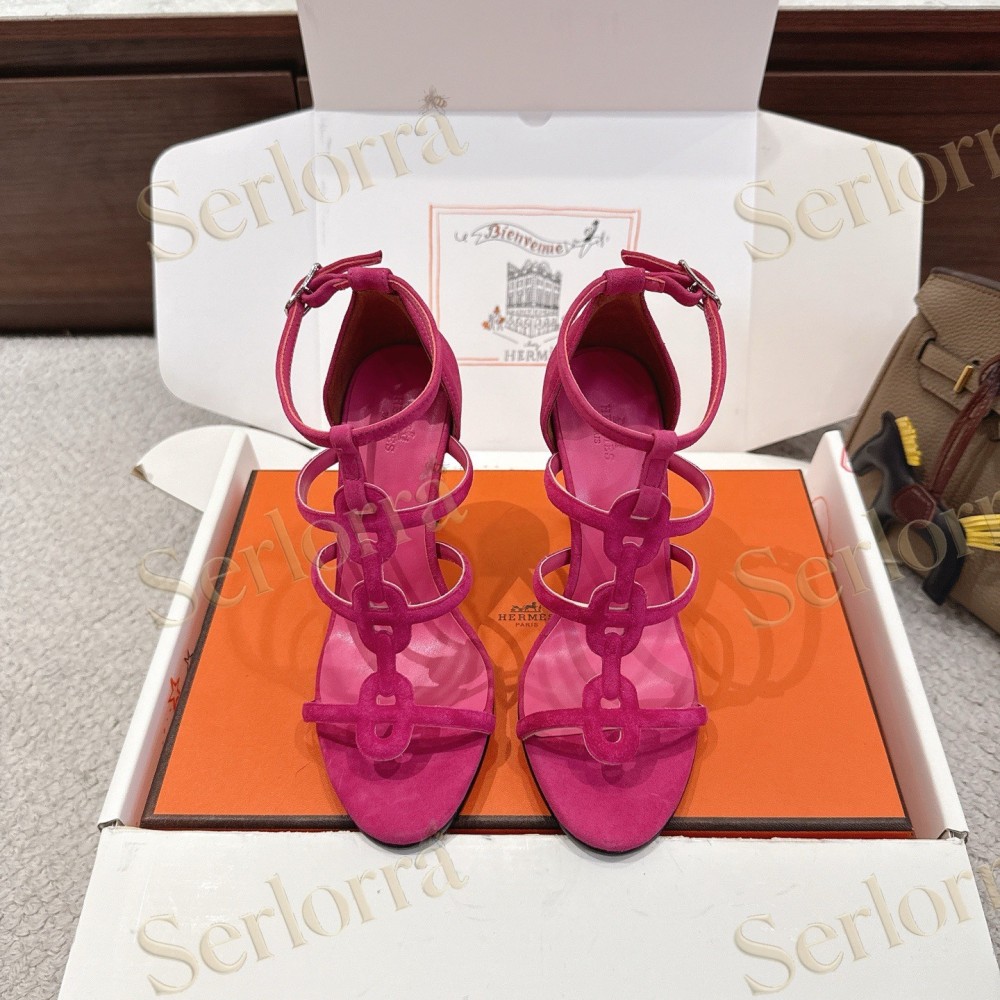 HERMÈS FUCHSIA SUEDE STRAPPY HIGH‑HEEL SANDALS