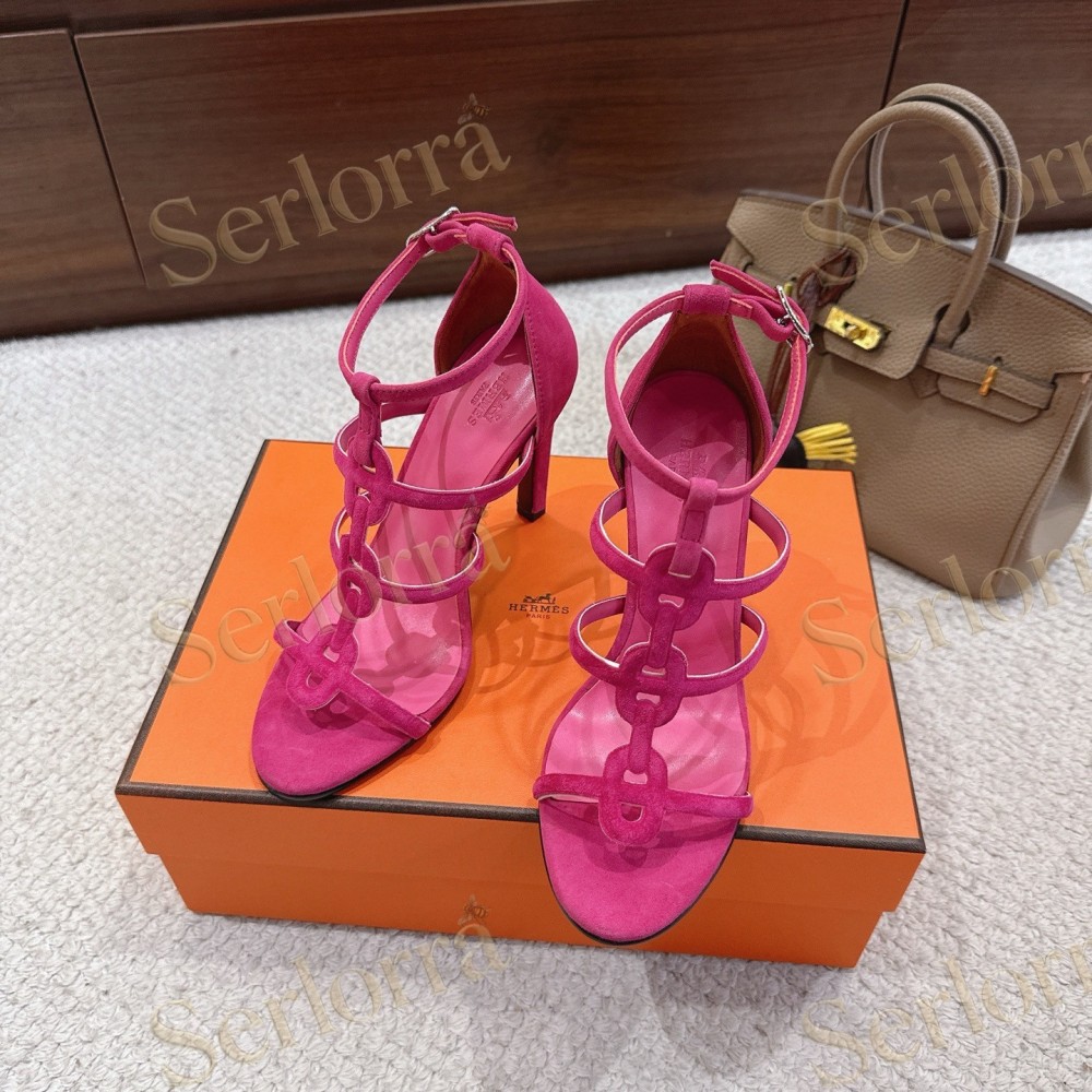 HERMÈS FUCHSIA SUEDE STRAPPY HIGH‑HEEL SANDALS