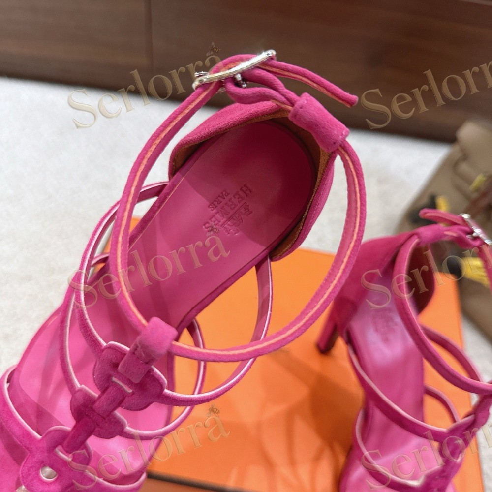 HERMÈS FUCHSIA SUEDE STRAPPY HIGH‑HEEL SANDALS