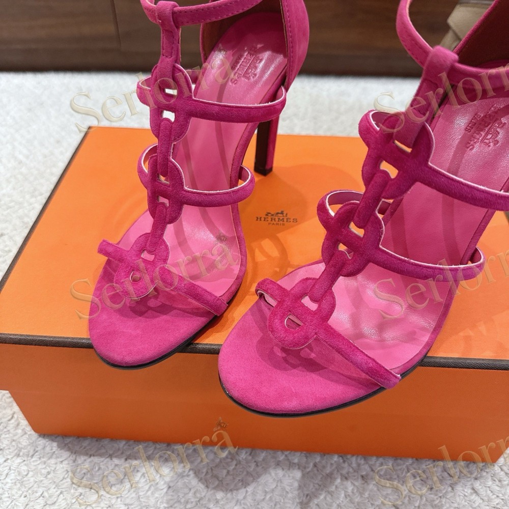 HERMÈS FUCHSIA SUEDE STRAPPY HIGH‑HEEL SANDALS