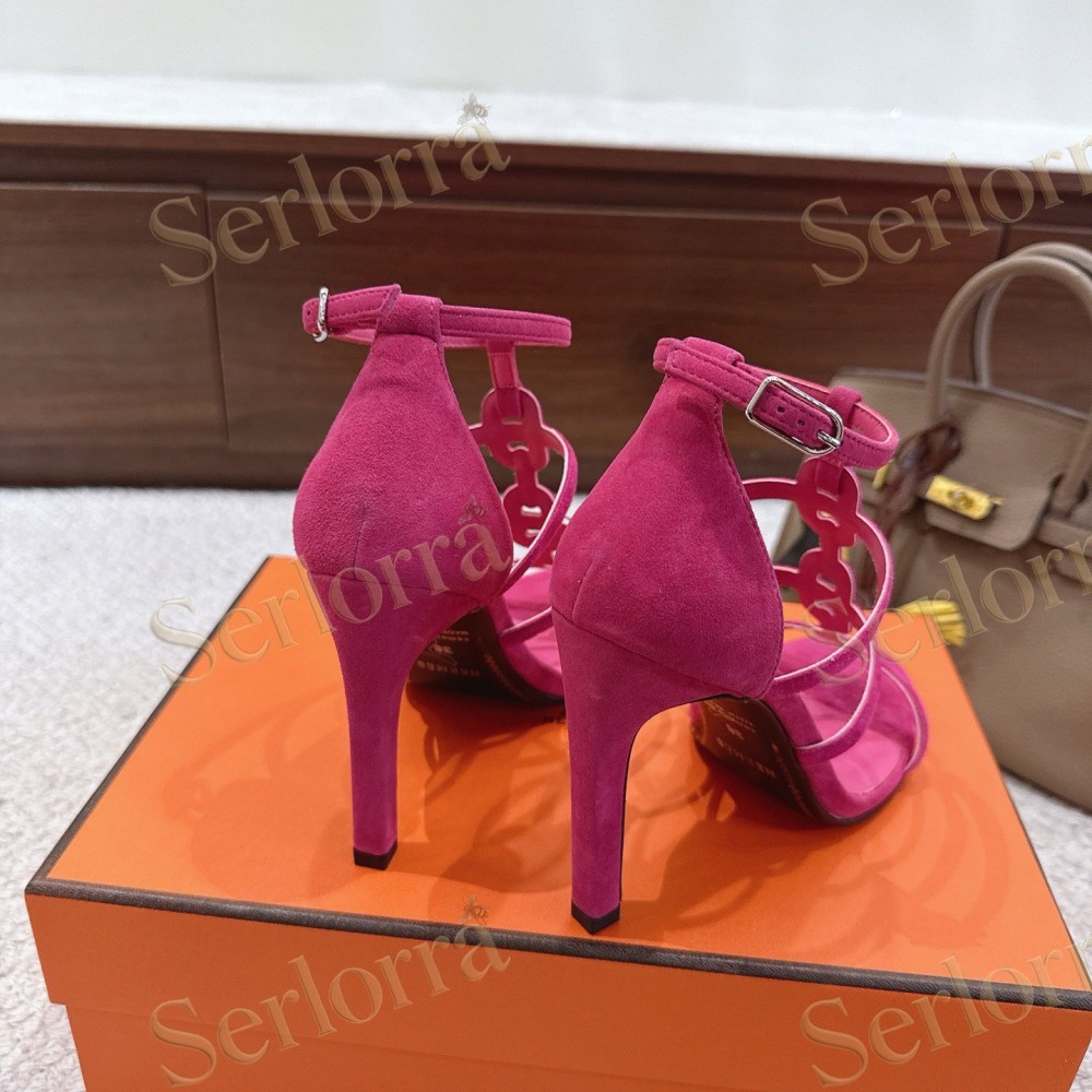 HERMÈS FUCHSIA SUEDE STRAPPY HIGH‑HEEL SANDALS