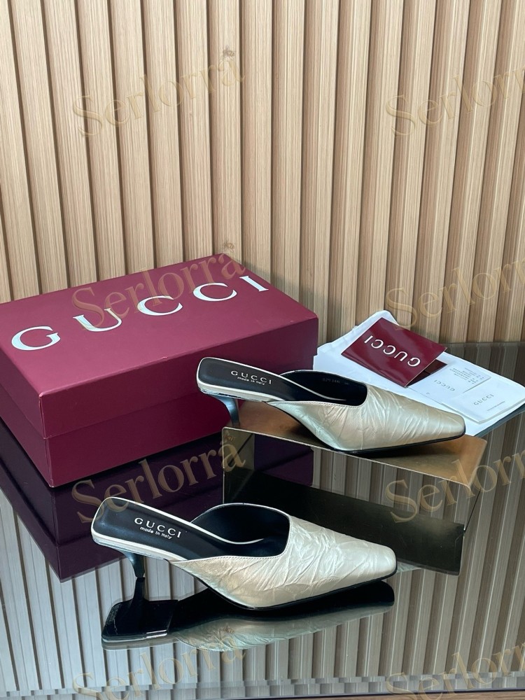 GUCCI LEATHER SQUARE TOE KITTEN HEEL MULES