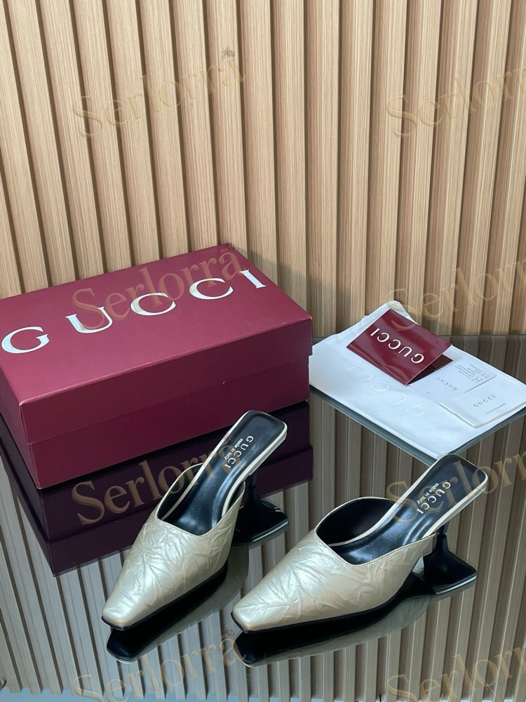 GUCCI LEATHER SQUARE TOE KITTEN HEEL MULES