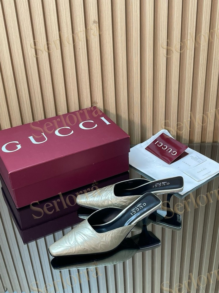 GUCCI LEATHER SQUARE TOE KITTEN HEEL MULES