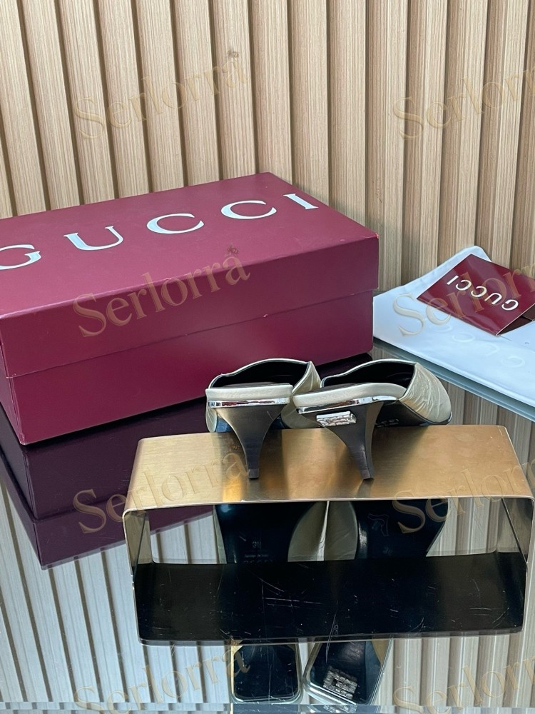 GUCCI LEATHER SQUARE TOE KITTEN HEEL MULES